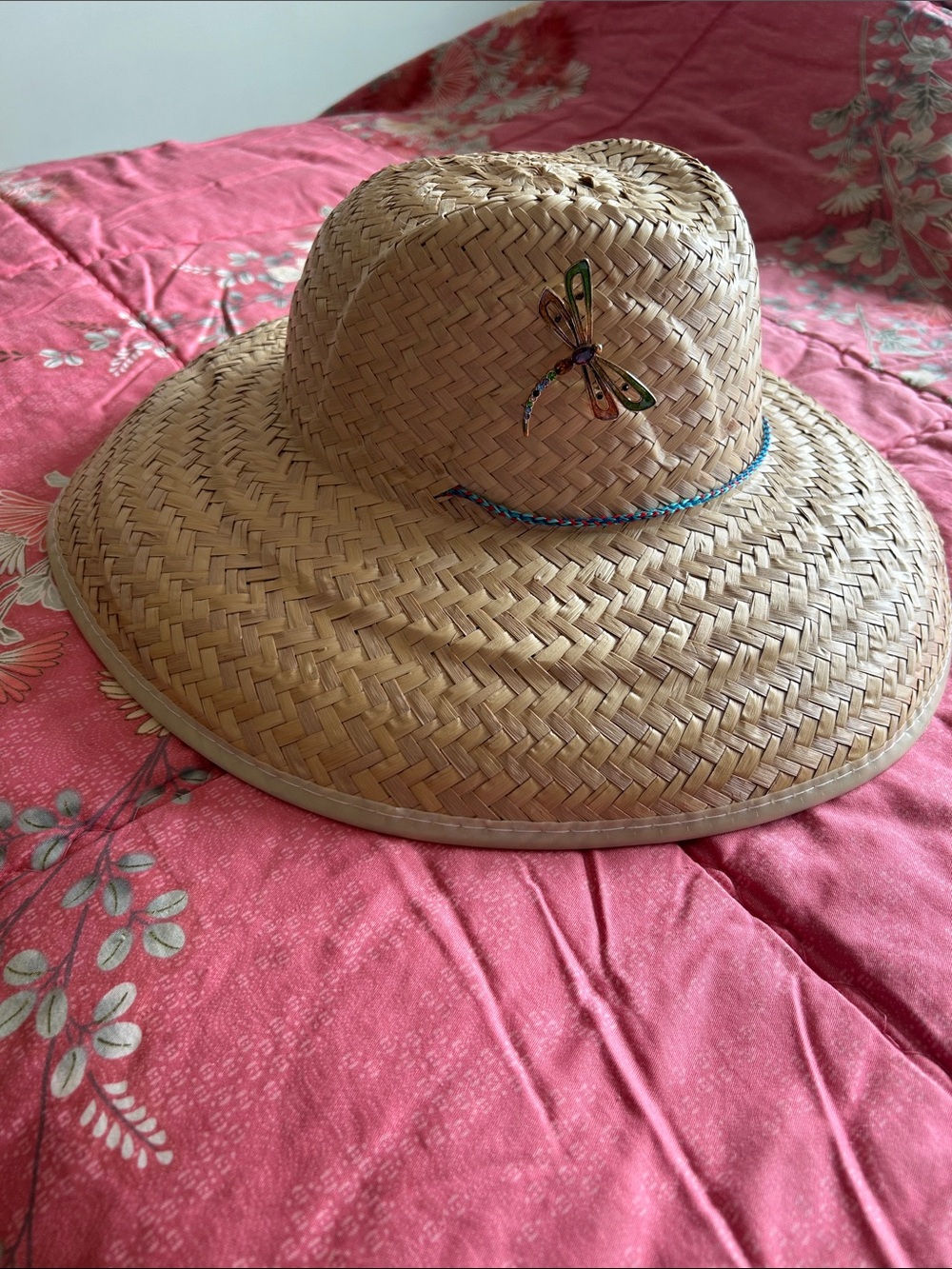 Straw Wide-Brim Sun Hat with Dragonfly Accent - Natural